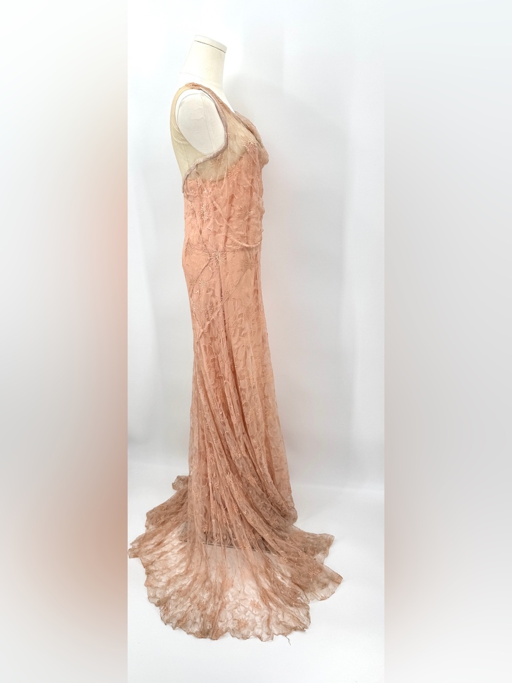 Antique 1930 Lace Silk Formal Dress with Train - Picture 2 of 12